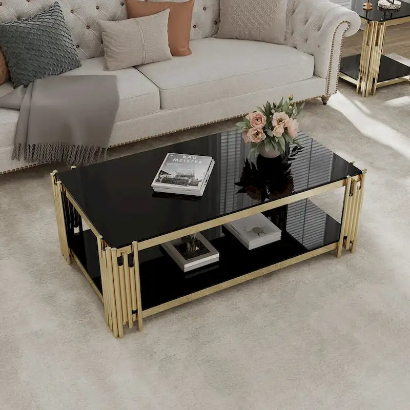 48   Wide Rectangular Coffee Table with Glass Top, Stainless Steel Double-Layer Coffee Table