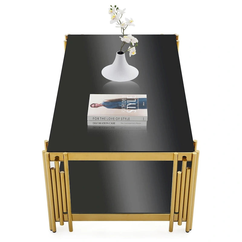 48   Wide Rectangular Coffee Table with Glass Top, Stainless Steel Double-Layer Coffee Table