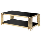 48   Wide Rectangular Coffee Table with Glass Top, Stainless Steel Double-Layer Coffee Table