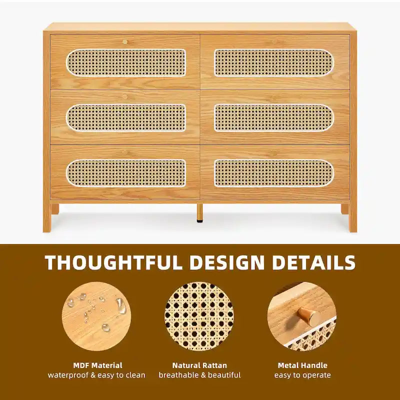 Moasis Rattan 6 Drawer Double Dresser Chest of Drawers Storage Cabinet