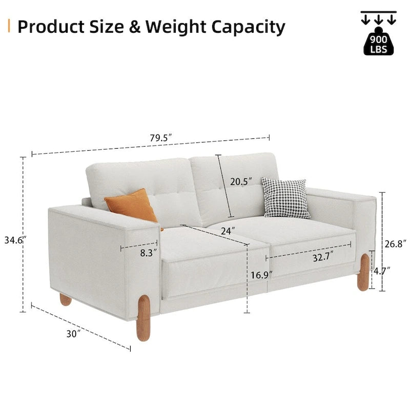 Modern Teddy Fabric Upholstered Sofa w/ Wood Legs and 2 Pillows