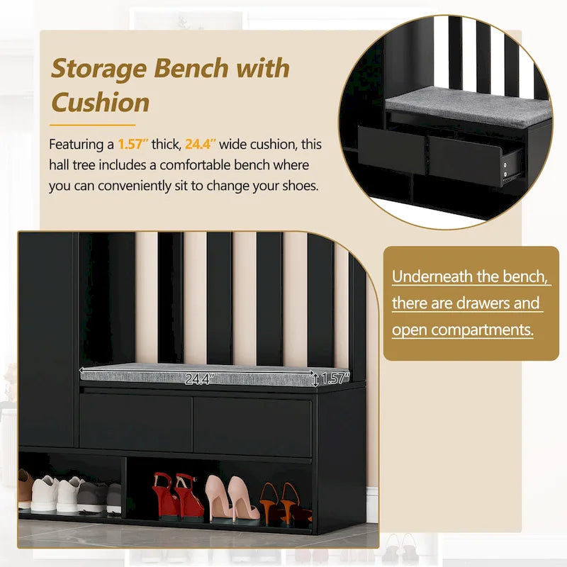 39.3  Wx70.8  H Hall Tree Storage with Cushioned Storage Bench,Multifunctional Hallway Shoe Cabinet,Pegboard,Coat Rack,4 Hooks