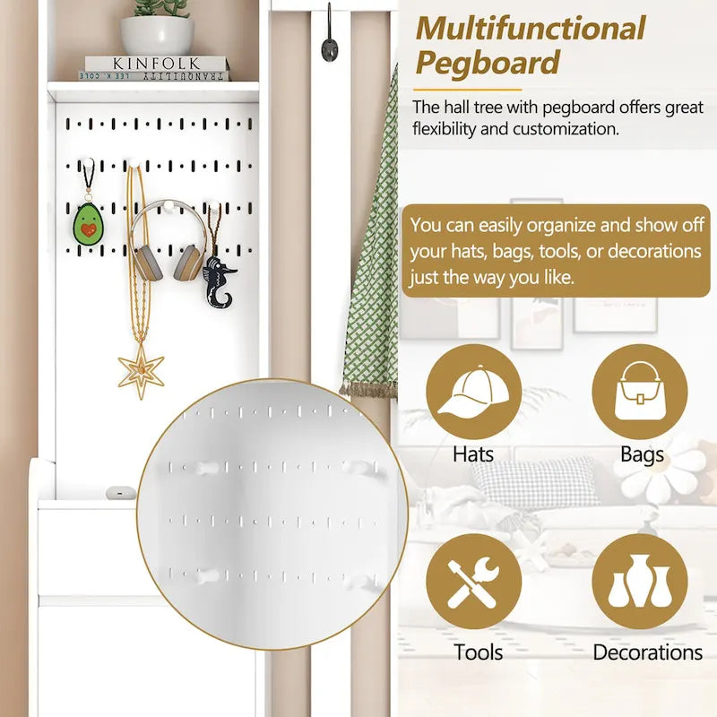 39.3  Wx70.8  H Hall Tree Storage with Cushioned Storage Bench,Multifunctional Hallway Shoe Cabinet,Pegboard,Coat Rack,4 Hooks