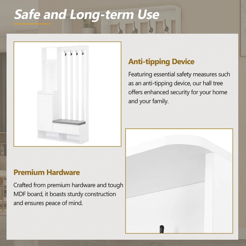 39.3  Wx70.8  H Hall Tree Storage with Cushioned Storage Bench,Multifunctional Hallway Shoe Cabinet,Pegboard,Coat Rack,4 Hooks